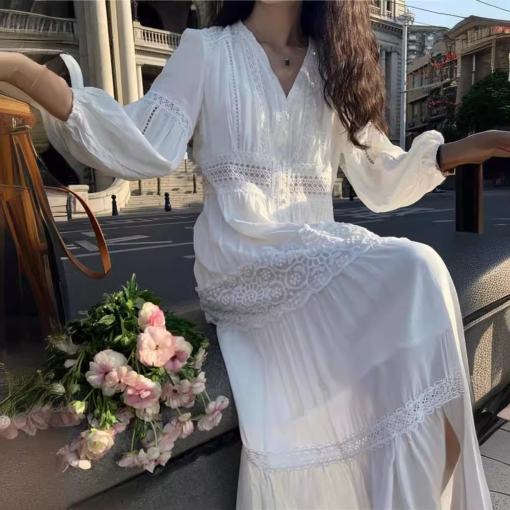 ロングワンピース 優美なレース切替フェミニンマキシワンピース