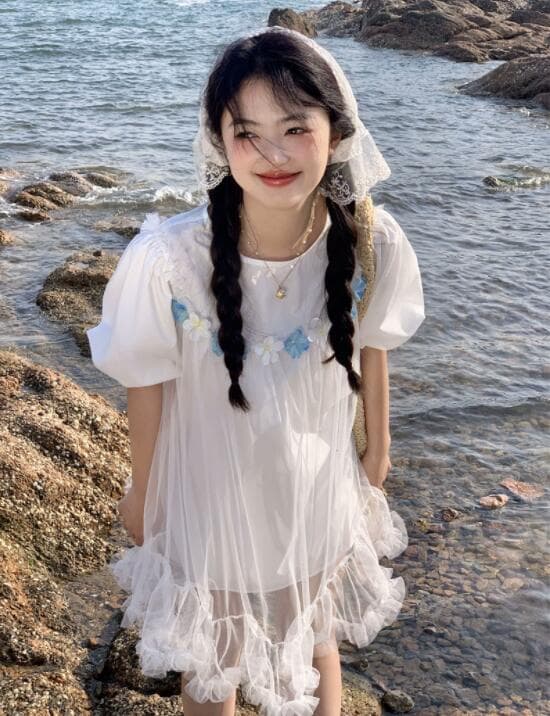 ロングワンピース レース半袖ワンピース 刺繍チュニック風 女性用