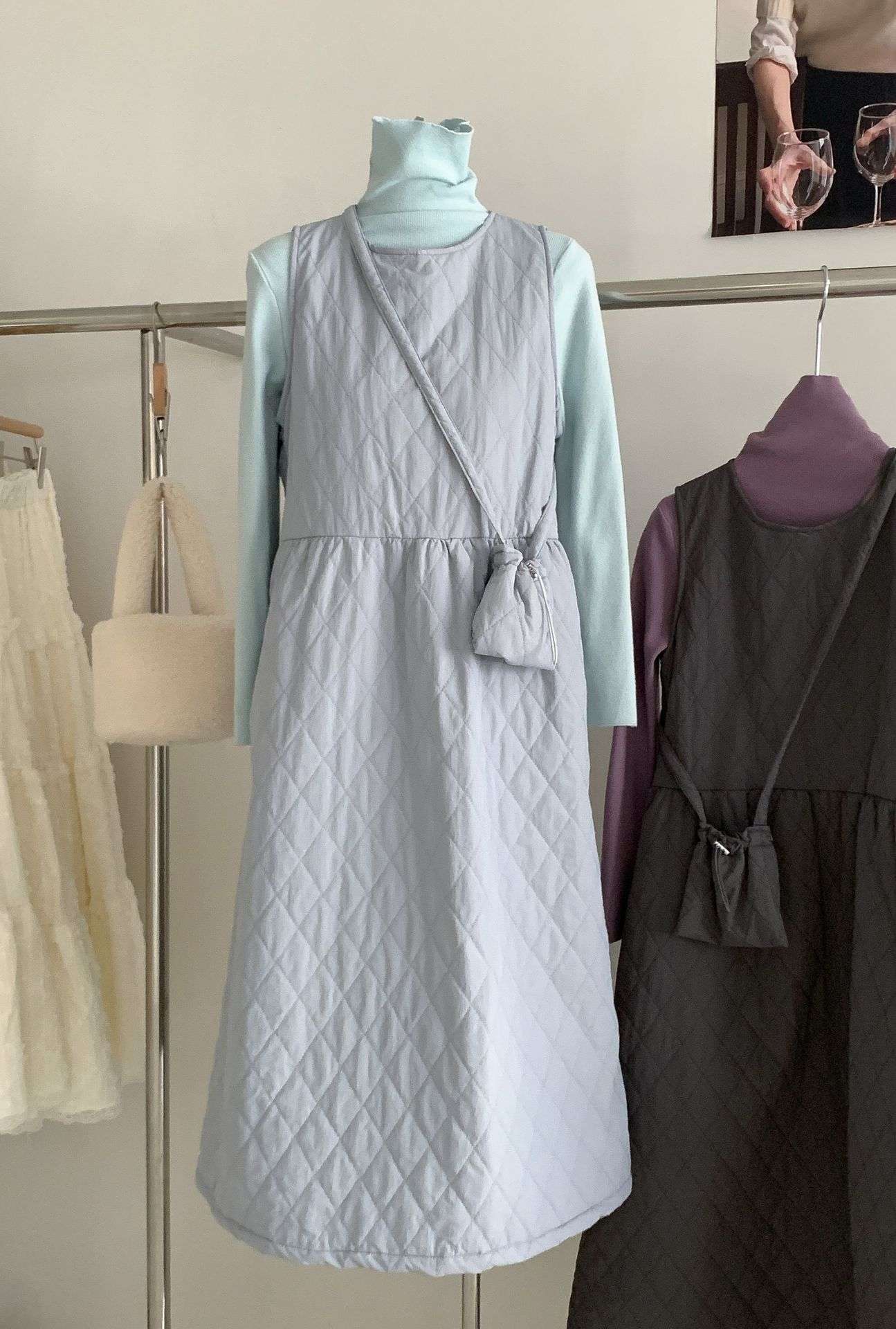 ロングワンピース キルティング ギャザー ロングジャンパースカート