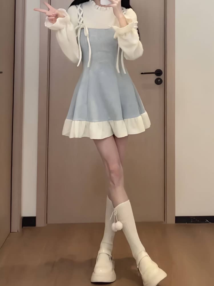 ロングワンピース 姫系リボンレース飾り付きティアードワンピース