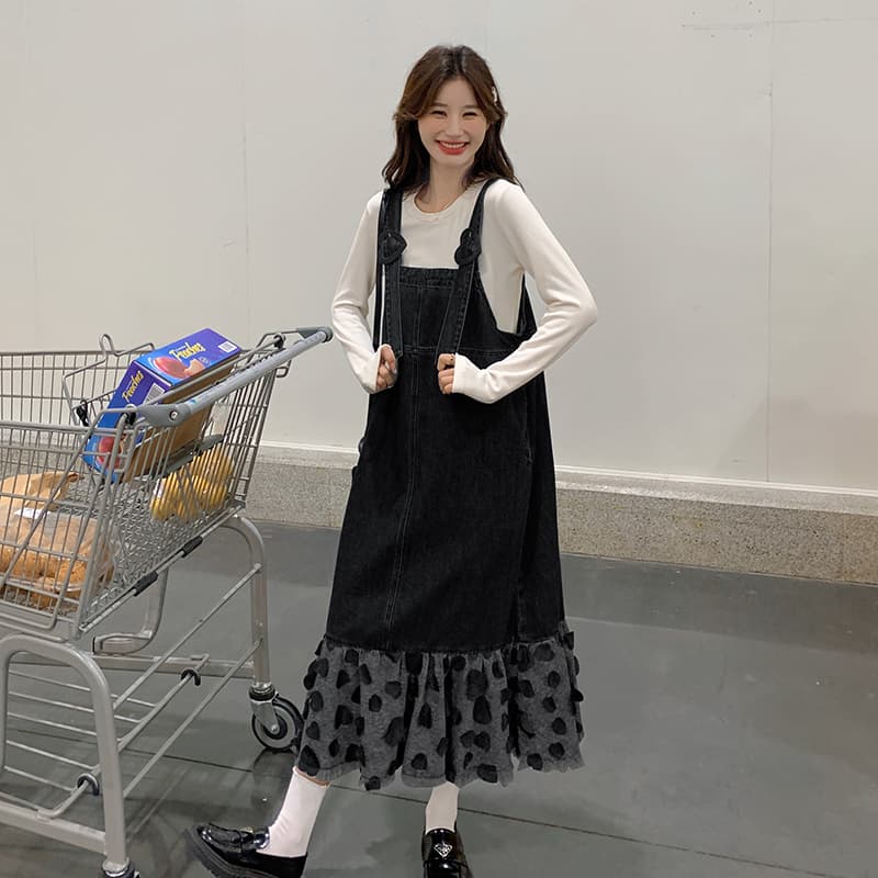 ロングワンピース ハートフリルデニムサロペットワンピース