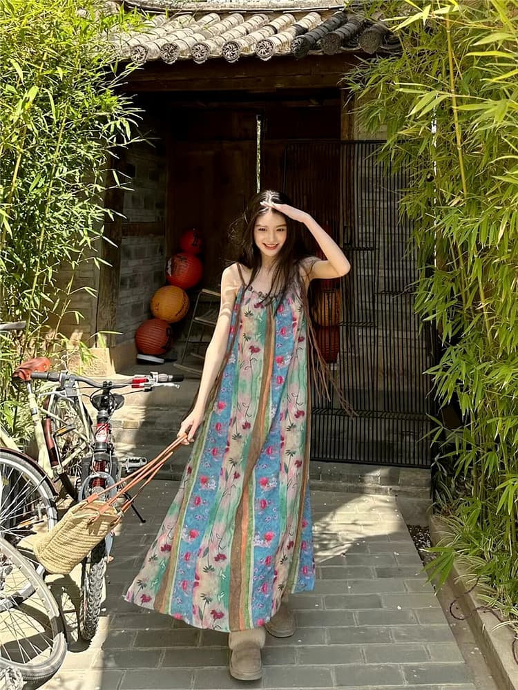 花柄透け感シフォンキャミロングワンピース