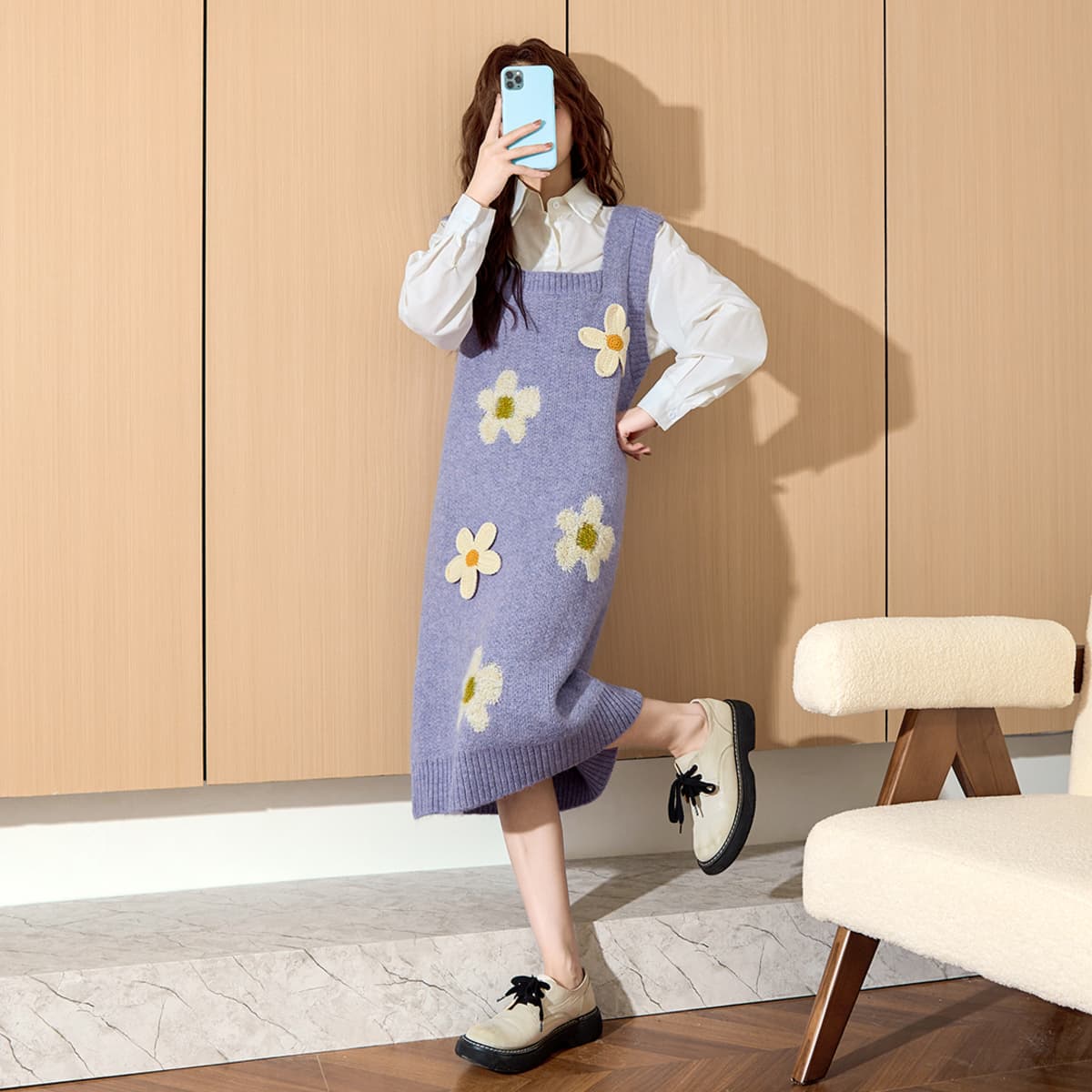 ロングワンピース ニット 花柄ニットジャンパースカート