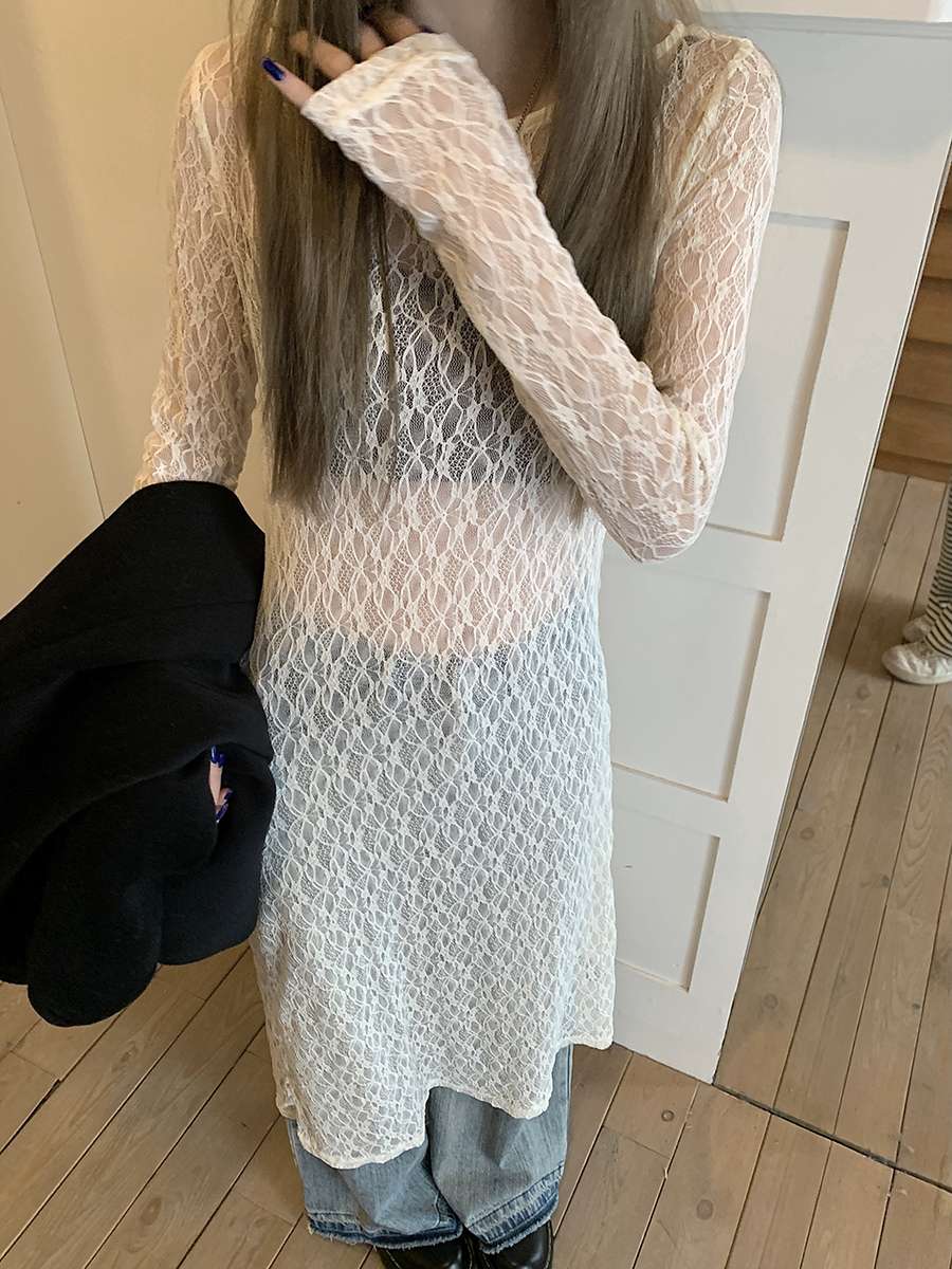ロングワンピース 透かし模様のレイヤードワンピース