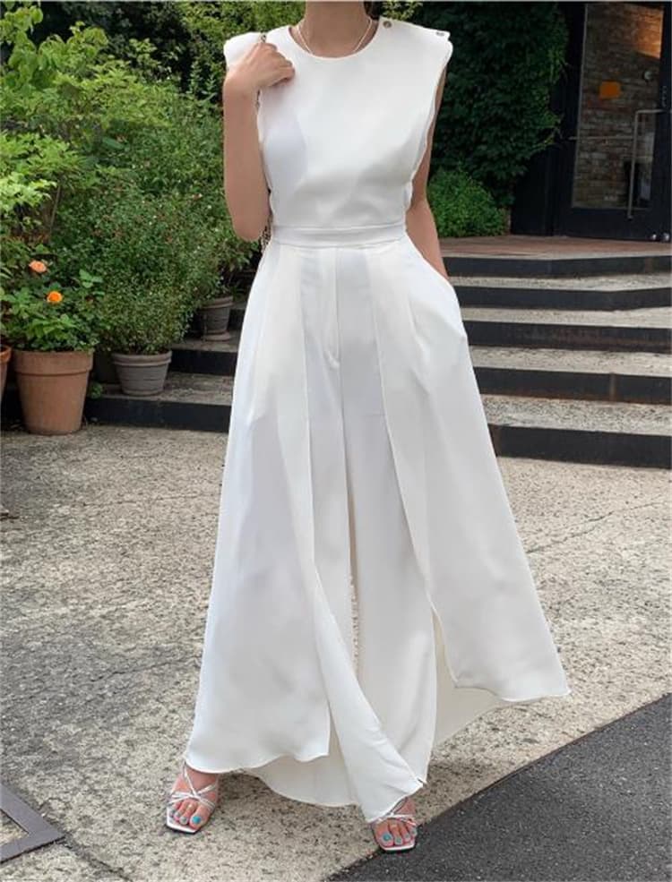 ロングワンピース 夏用ブイネックノースリーブウエスト絞りスリット入りワンピース