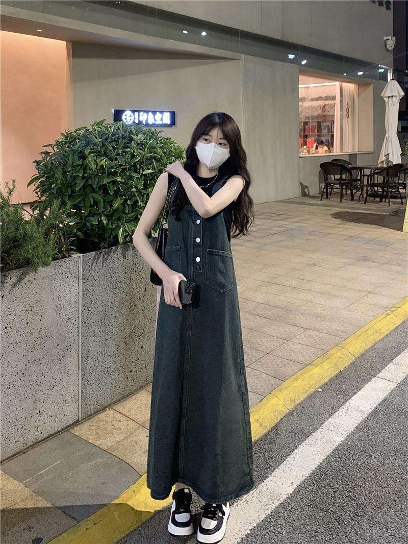 ロングワンピース ゆったりデニムサロペットワンピース