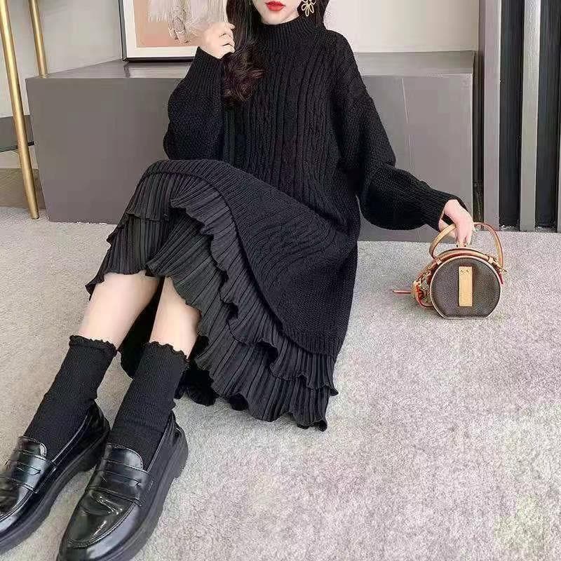 ロングワンピース ニットプリーツ重ねドレープワンピース