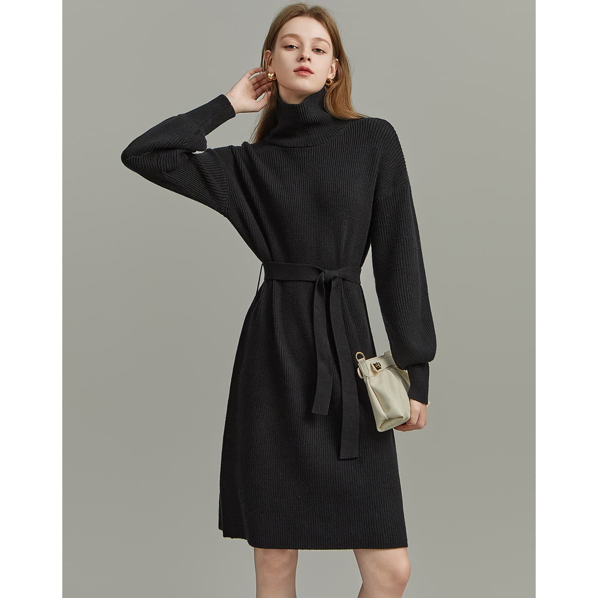 ワンピース タートルネック リブ編みベルト付きタートルネックワンピース