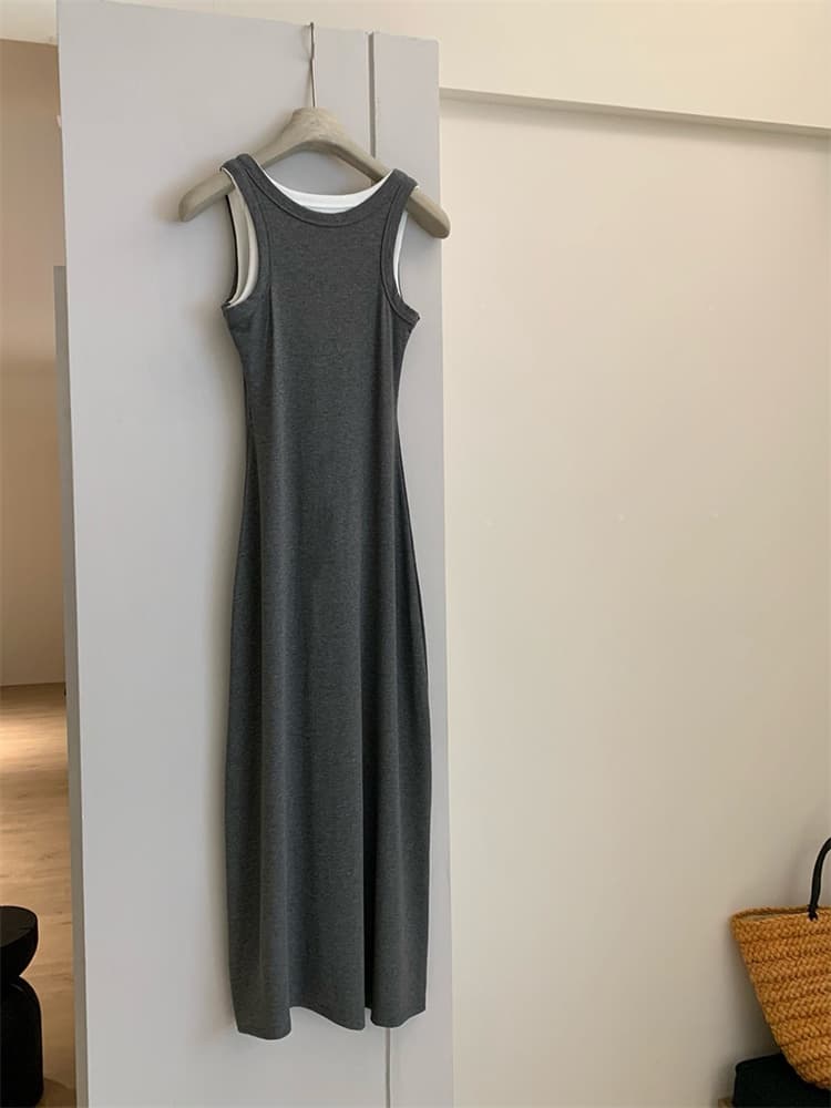 ロングワンピース ノースリーブニット袖なしワンピース 体型カバーロング丈大人カジュアル