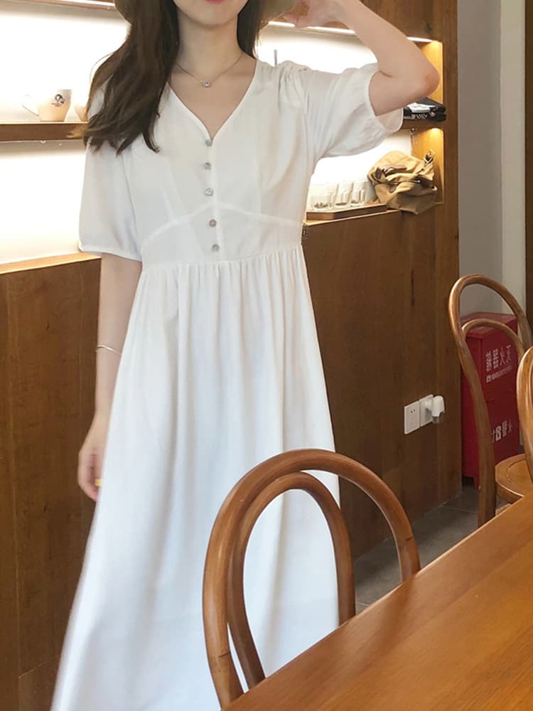 ロングワンピース シャツ パフスリーブ前開きボタンシャツワンピース