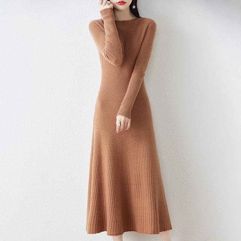 ロングワンピース リブ編みすっきりシルエットワンピース