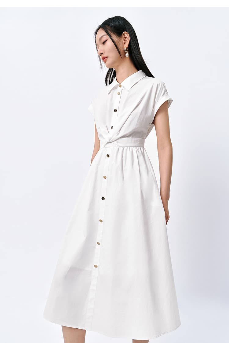 ロングワンピース シャツ 襟付き半袖ボタンフロントロングシャツワンピース