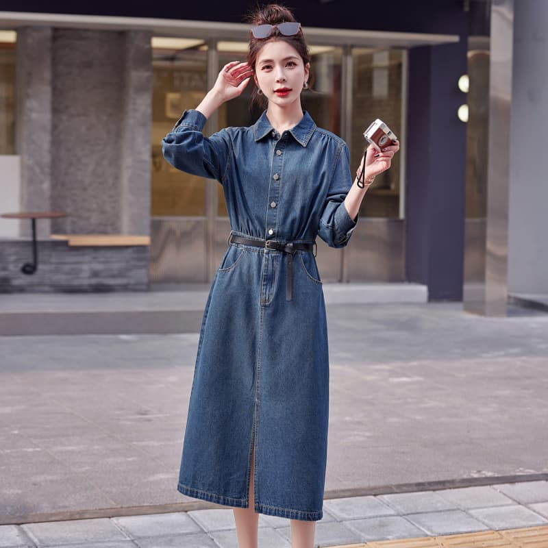 ロングワンピース デニム 前開きベルト付きデニムロングワンピース