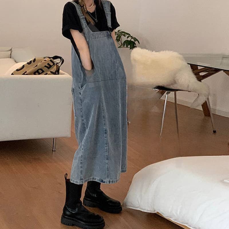 ロングワンピース 大人かわいいサロペットデニムワンピース
