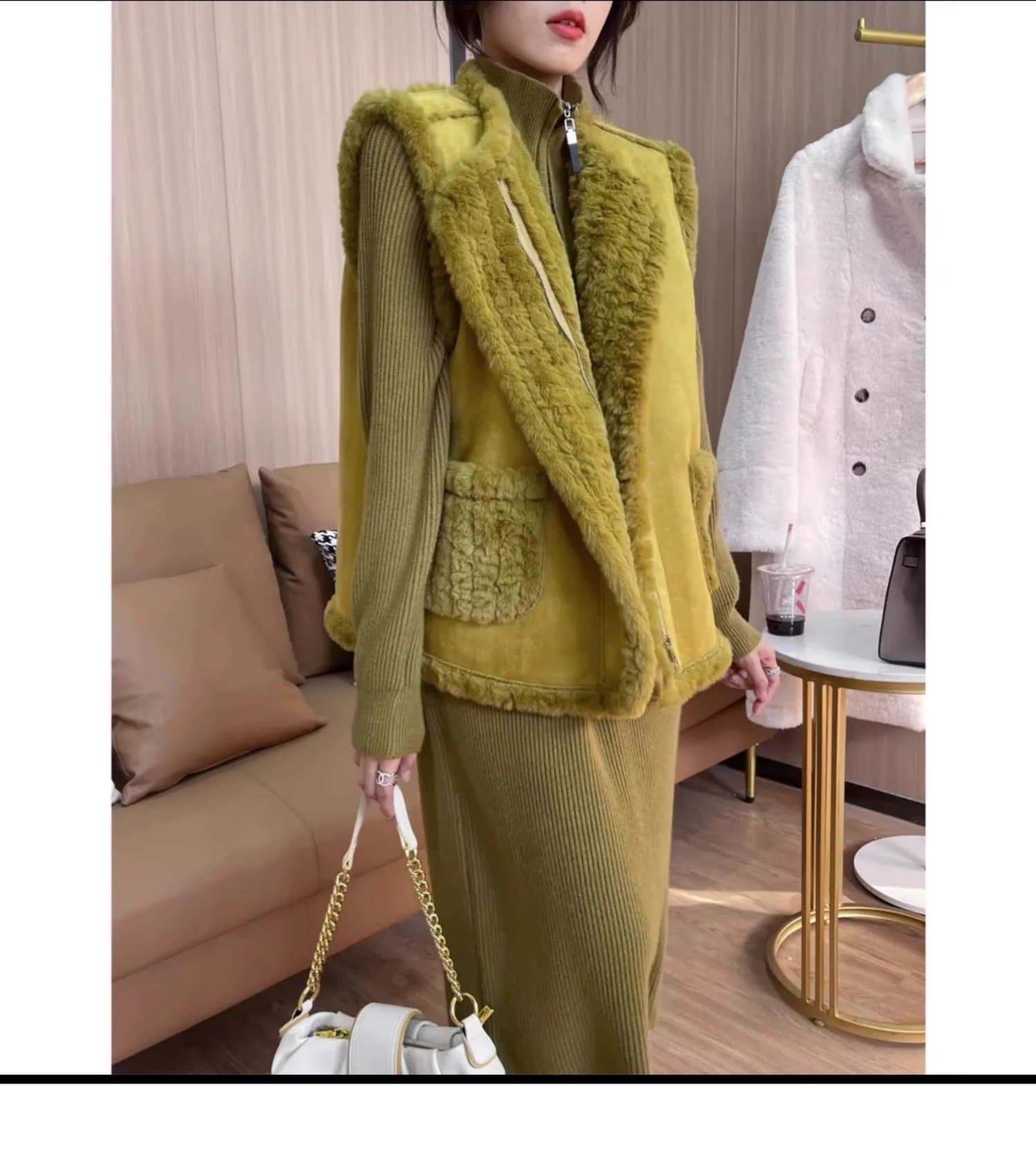 ロングワンピース ビスチェ風リブ編みハイネックワンピース