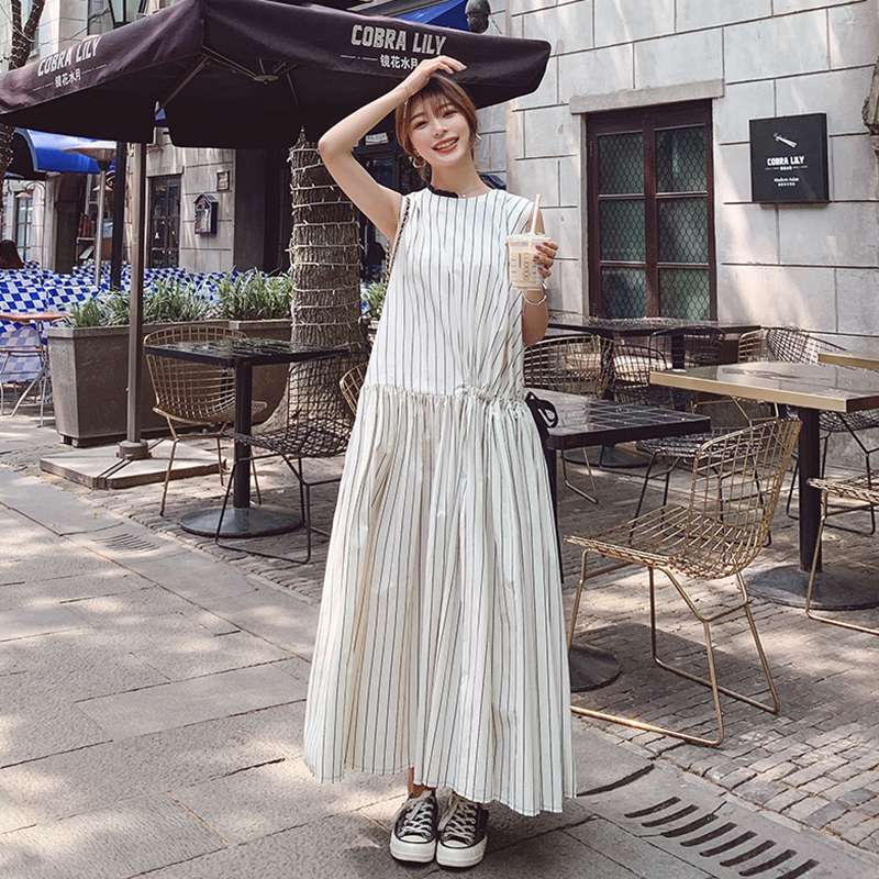 ロングワンピース シンプル細ストライプ ノースリーブマキシワンピース
