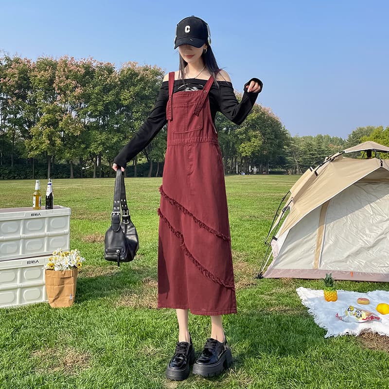 ロングワンピース デニム 斜めカットフリンジデニムサロペット
