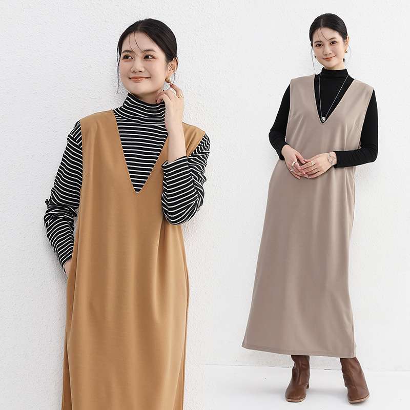 ロングワンピース シンプル深Vネックジャンパースカート