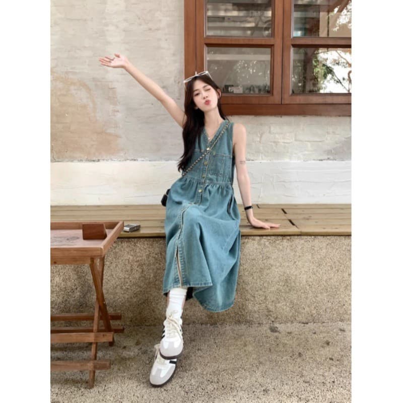 ロングワンピース デニムサロペット風ノースリーブワンピース