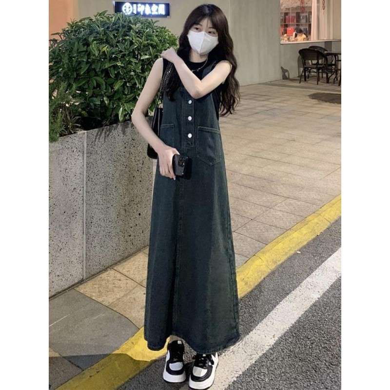 ロングワンピース ゆったりデニムサロペットワンピース