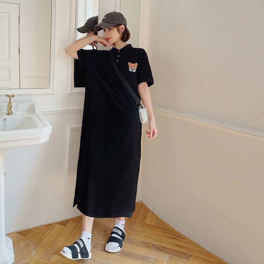 ロングワンピース ポロシャツ くま刺繍ワンポイント襟付き半袖ロングワンピース