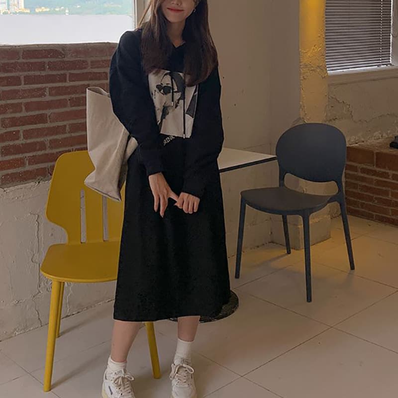 ロングワンピース フード付き切替ゆるふわワンピース