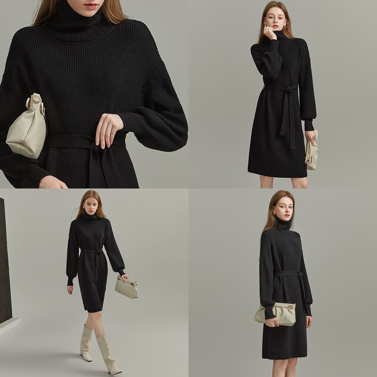 ワンピース タートルネック リブ編みベルト付きタートルネックワンピース
