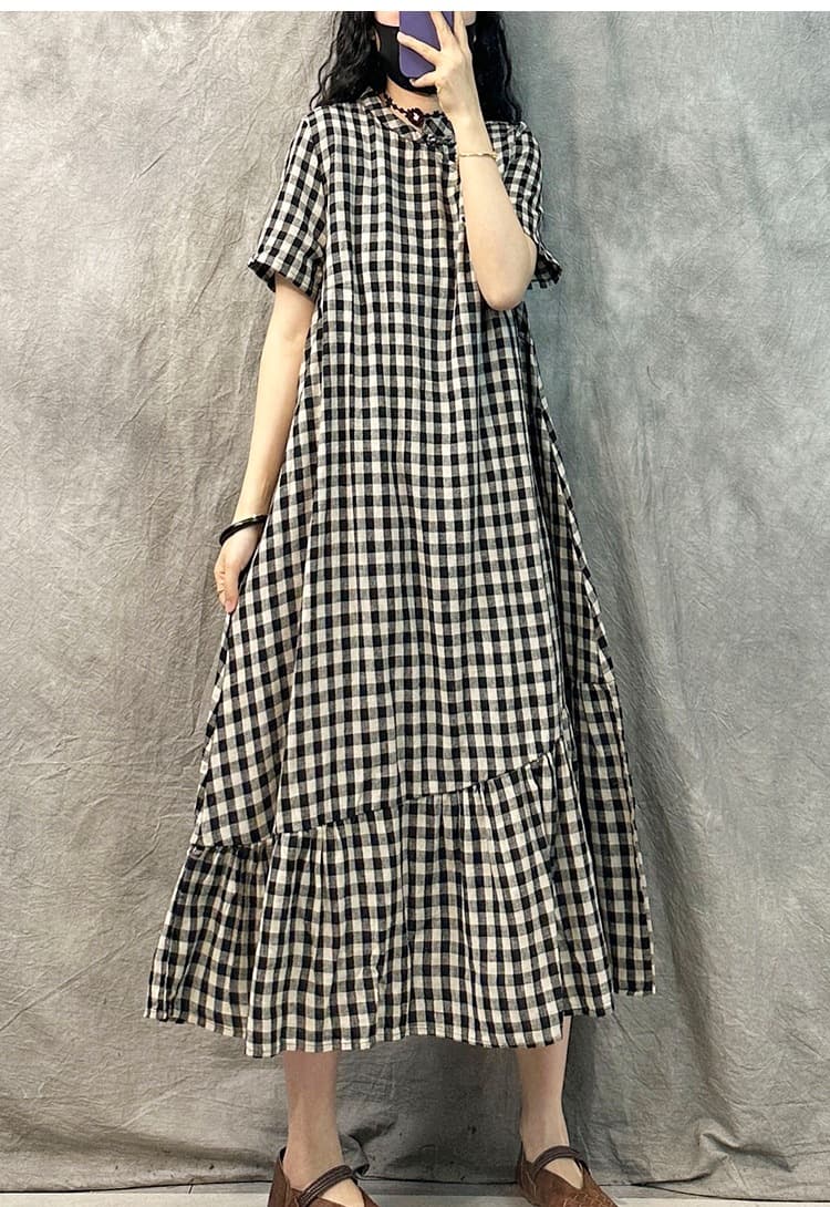 ロングワンピース 2025新作 レディース シャツワンピース ギンガムチェック 半袖 ゆったり