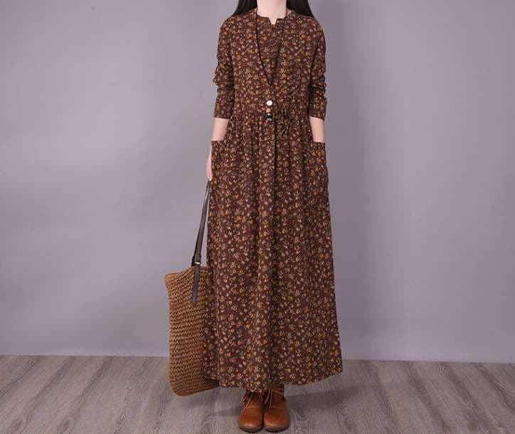 ロングワンピース 小花柄ギャザー入りマキシワンピース