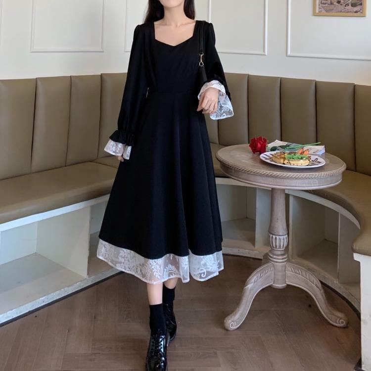 ロングワンピース 背中リボン レース切替 姫袖ワンピース
