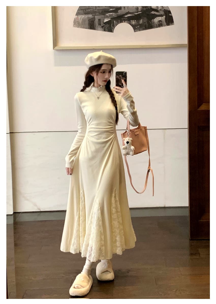 ロングワンピース 優美なフレア レースワンピース