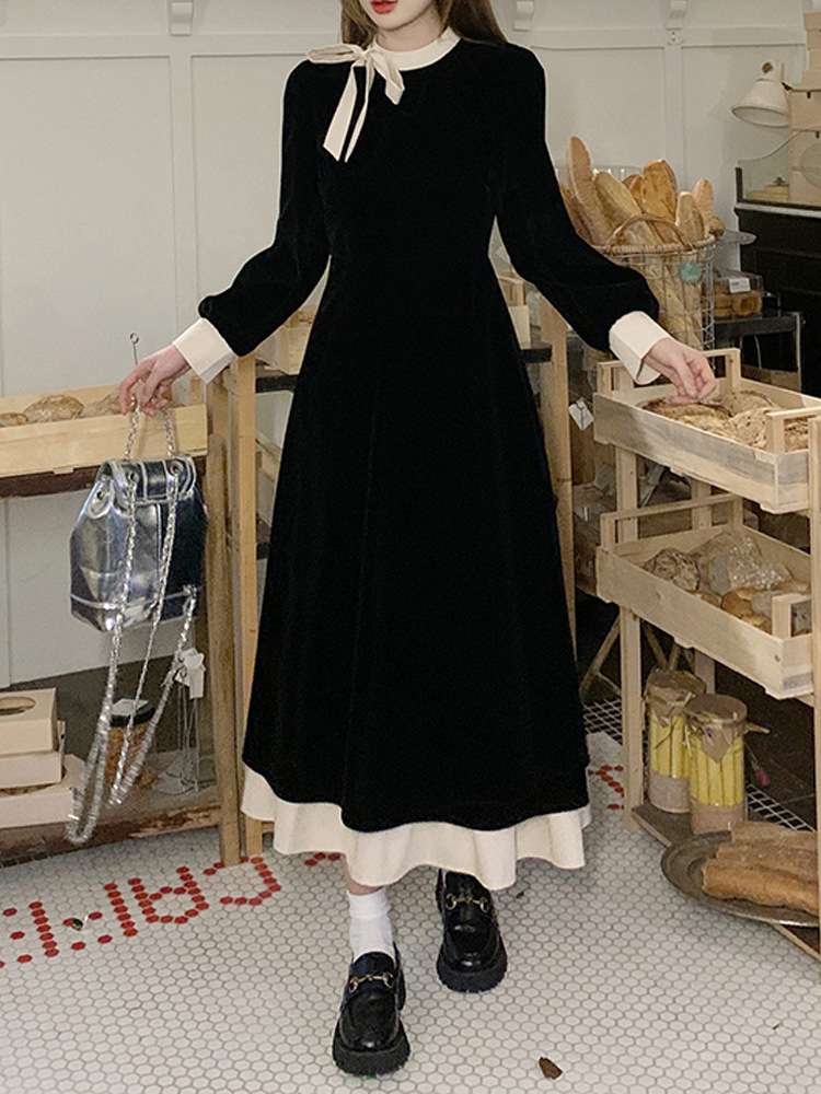 ロングワンピース レトロリボンベルベットミディアムワンピース