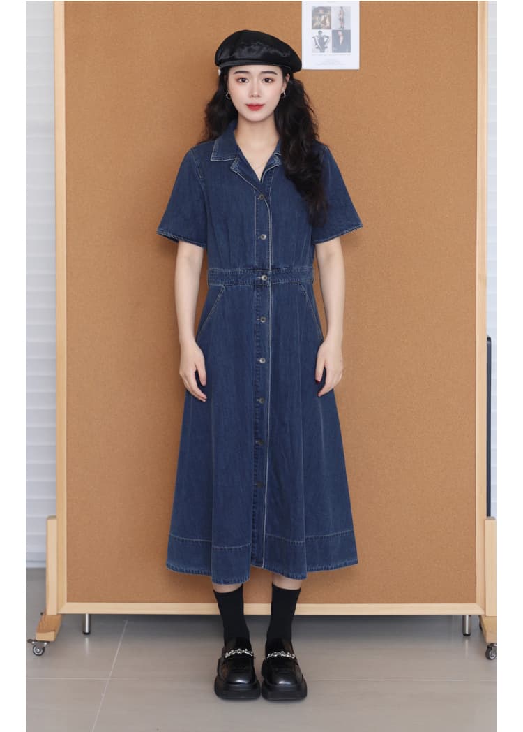 ワンピース デニム レトロ襟付き前開きデニムワンピース