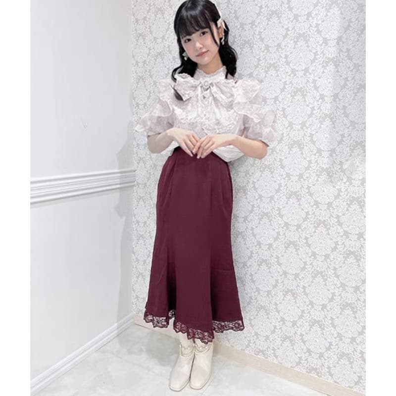 ロングワンピース ふんわり袖レースリボンワンピース