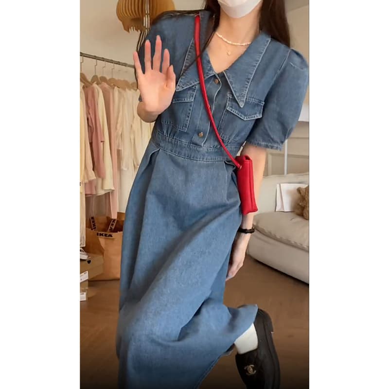 ロングワンピース デニム 襟付きパフスリーブウエストマークデニムロングワンピース