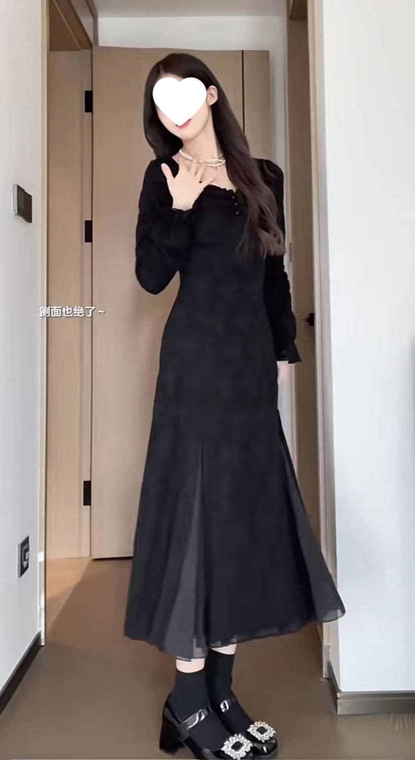 ロングワンピース レース編み込みクラシカルワンピース