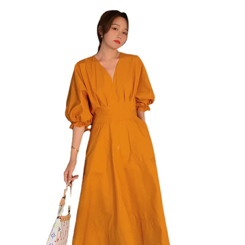 ロングワンピース 人気ボリューム袖ブイネックシャツワンピース レディース新作