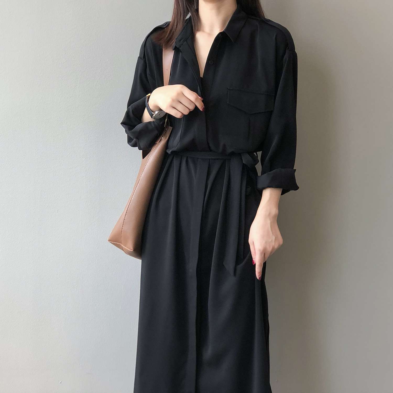ロングワンピース フロントポケット付きシャツワンピース