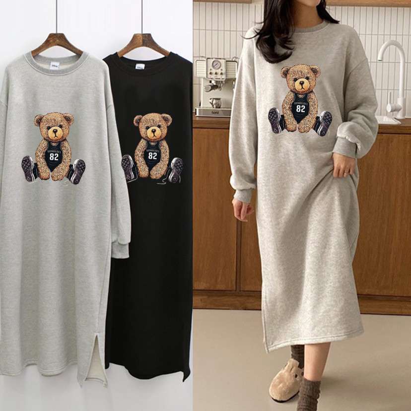 ロングワンピース くまさんとシューズ刺繍ゆったりワンピース