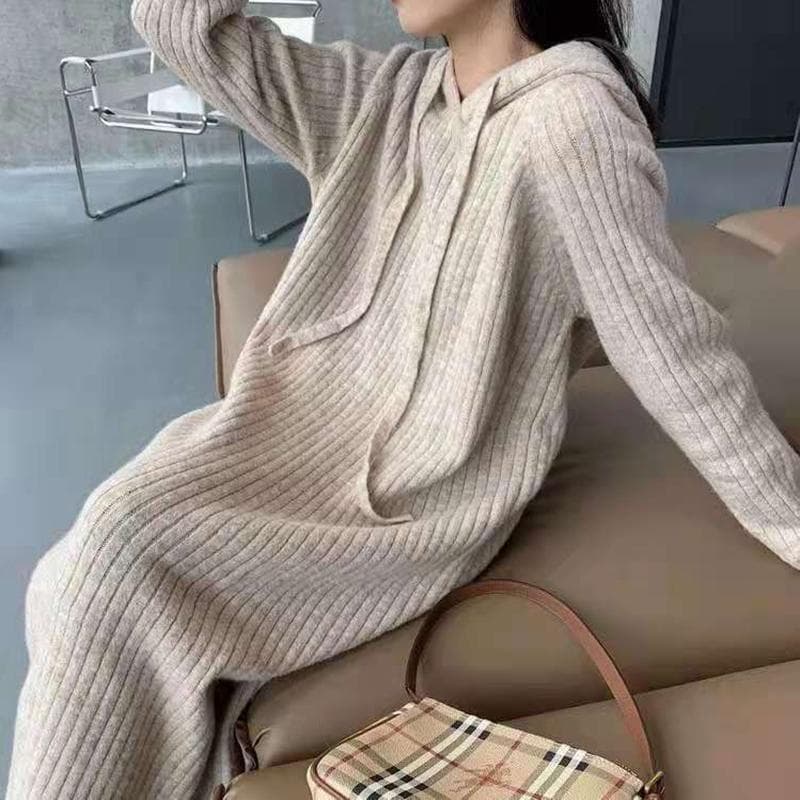 ロングワンピース リブ編みフード付きロングワンピース
