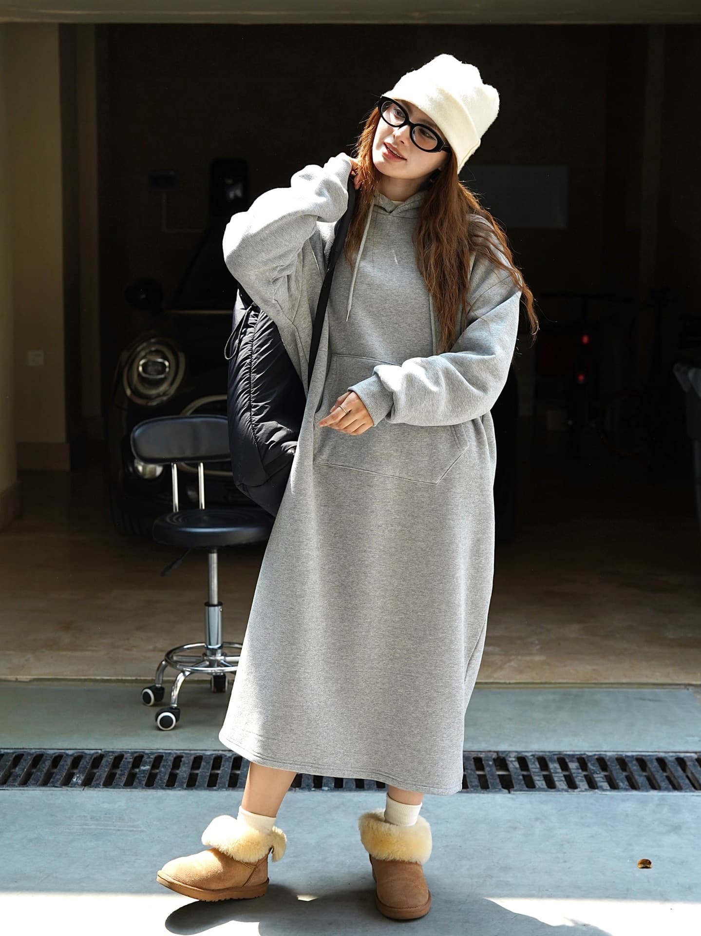 ロングワンピース ふんわりあったかフード付きワンピース