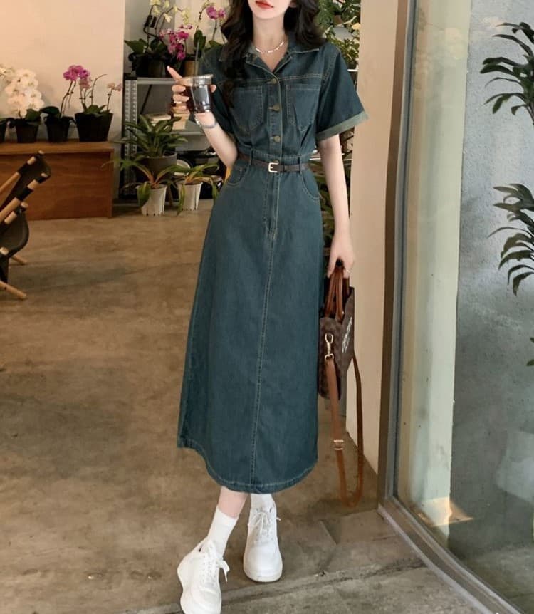 ロングワンピース 優美シルエット デニムワンピース