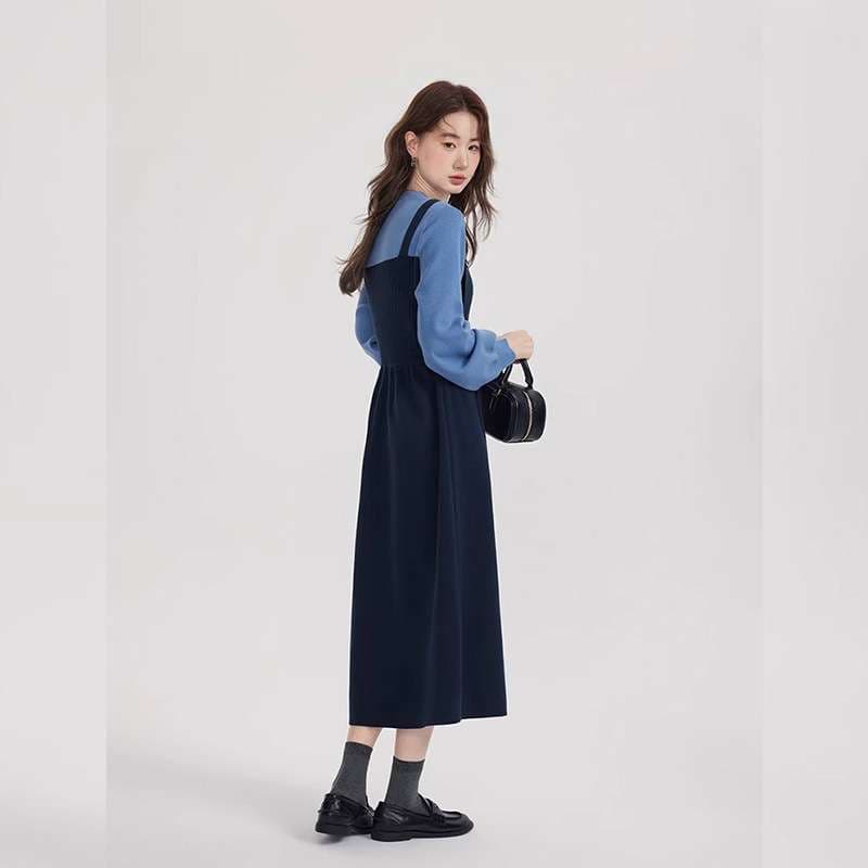 ロングワンピース ふんわり袖のコットンニットサロペットワンピース