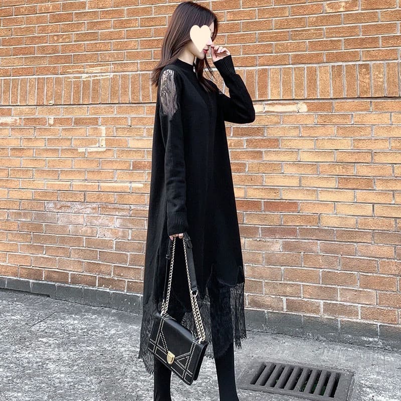 ロングワンピース レースデザインニットワンピース