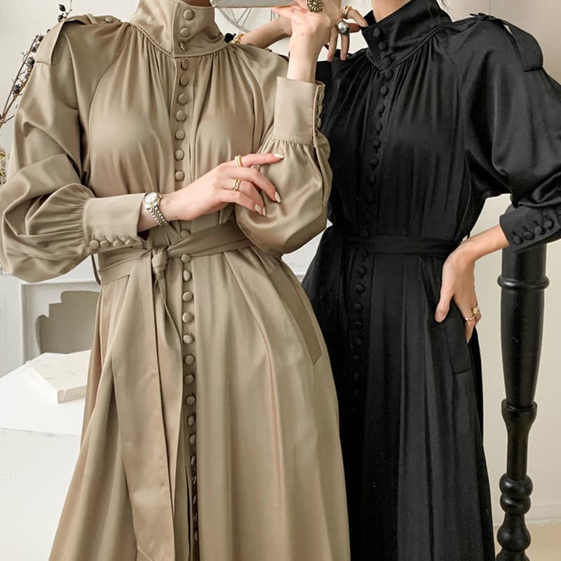 ロングワンピース 韓国風シャツワンピース光沢素材ボタン付きロング丈