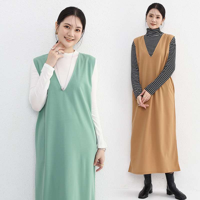 ロングワンピース シンプル深Vネックジャンパースカート