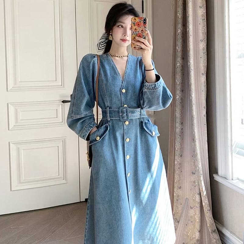 ロングワンピース フリル襟デニムロングワンピース