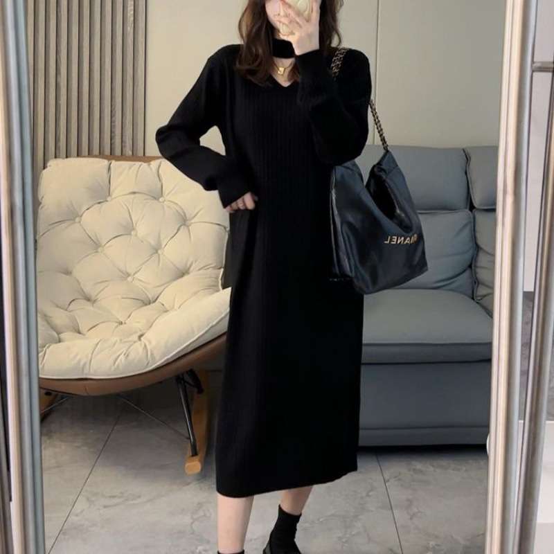 ロングワンピース シンプル美シルエットリブニットワンピース