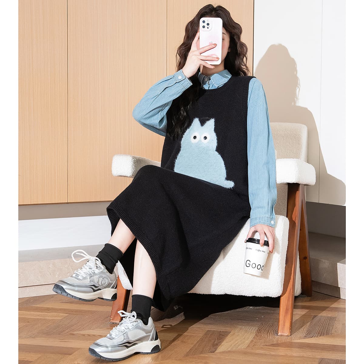 ロングワンピース きままねこニットワンピース