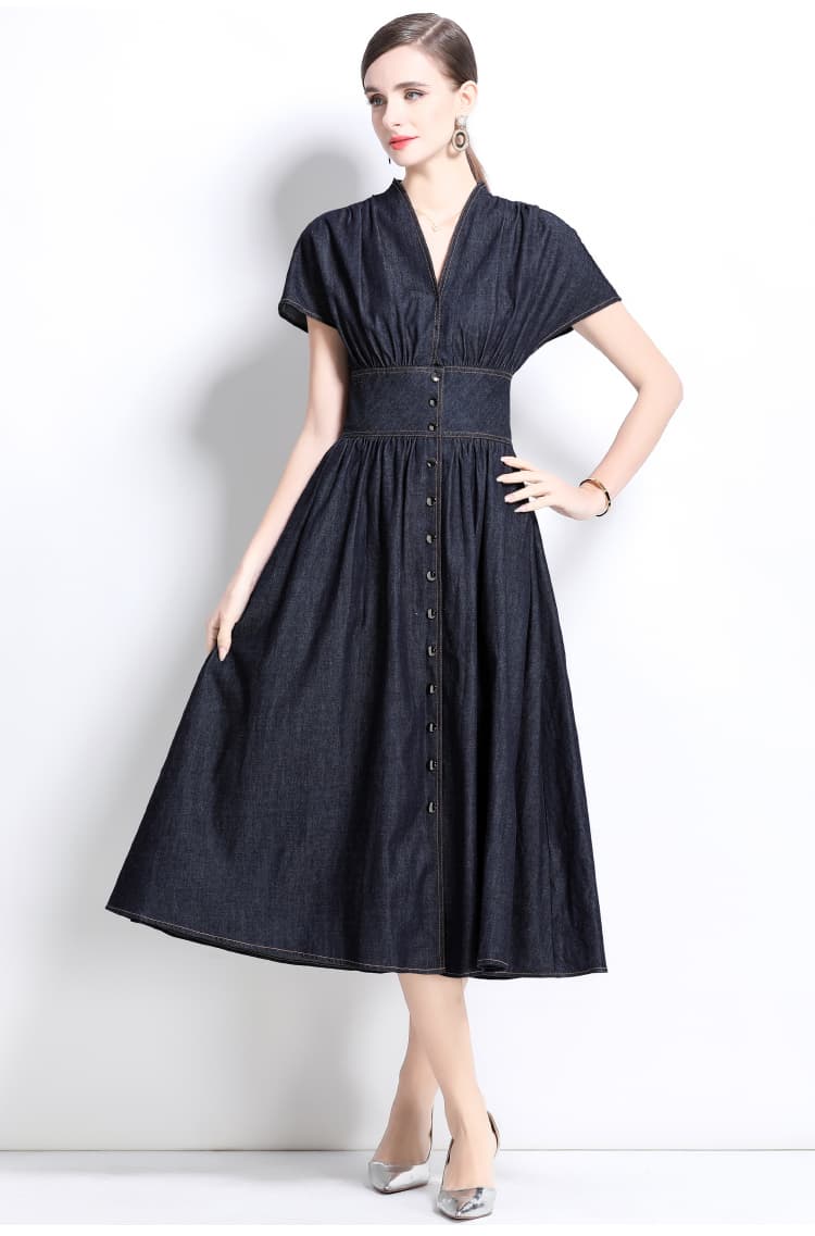 ロングワンピース 上品デニムワンピース女性用 大人可愛いロング丈